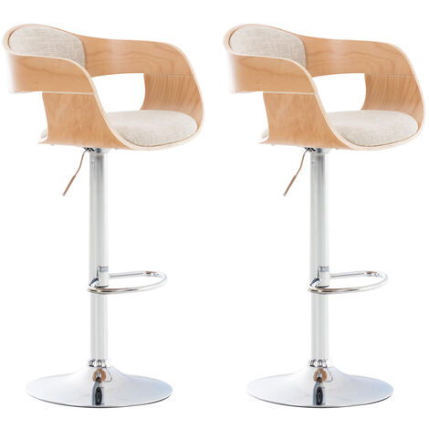 CLP – Lot de 2 tabourets de bar en tissu naturel crème – Hauteur réglable 63-77 cm – Assise pivotante 360° – Coque bois et support métal chromé