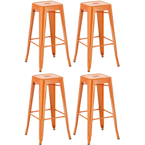 CLP – Lot de 4 tabourets de bar empilables en métal orange – Hauteur 77 cm – Design industriel – Barres anti-roulement pour stabilité