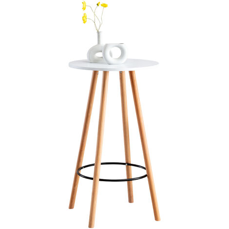 CLP – Table haute de bar ronde 107 cm – Bois hêtre naturel et métal blanc – Repose-pieds circulaire intégré – Pour cuisine ou bistrot