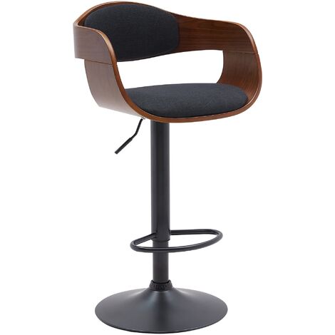 CLP – Tabouret de bar Kingston en bois noyer et tissu – Hauteur réglable 63-77 cm – Piètement métal noir – Repose-pieds circulaire intégré