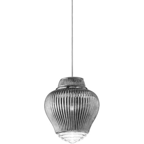 Clyde suspension en verre soufflé argenté, diamètre 23 cm, finition rigadin en relief, structure en métal gris, hauteur 315 cm