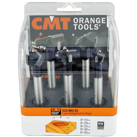 CMT – Coffret de forets pour perceuse – Jeu de 5 mèches en acier spécial haute résistance – Pour trous borgnes sur bois massif – Pointe de centrage HW