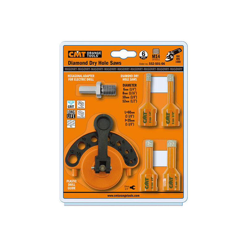 CMT - Set de 4 meches diamantées 5 / 6 / 8 et 12 mm - queue M14