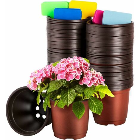 CNNIK Plastic Seedling Pot 100 Pcs 10cm Flower Pots Transplanting Plants Container Nursery Pots and 100 Pcs Plant Tags for Indoor Outdoor Gardener