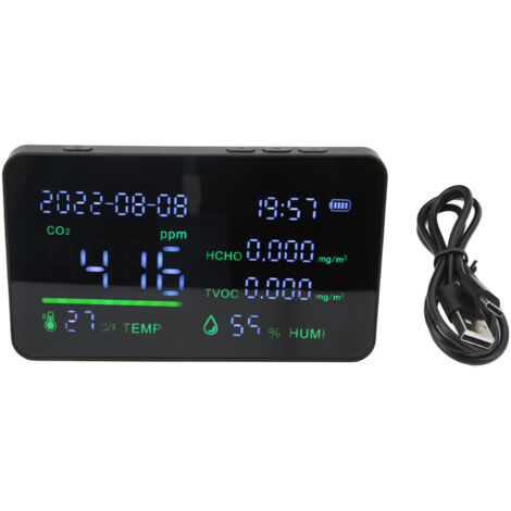 CO₂-Detektor mit elektronischem TVOC-Sensor, digitales Thermometer-Hygrometer zur Luftqualitätsüberwachung – Schwarz