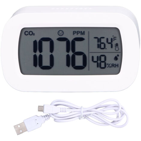 CO2-Detektor mit USB-Netzteil – Gaskonzentrationsmessgerät und Innenraumthermometer/Hygrometer