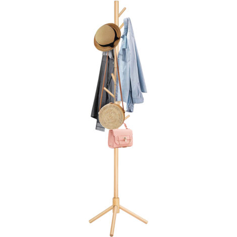Coat Rack Stand Wooden Cloak Rack with 8 Hanger Hooks 172x48x48cm Freestanding Storage Holder for Hat Handbag Jacket Umbrella Hanging Organiser for Homes Office Entryway Hallway Wood color