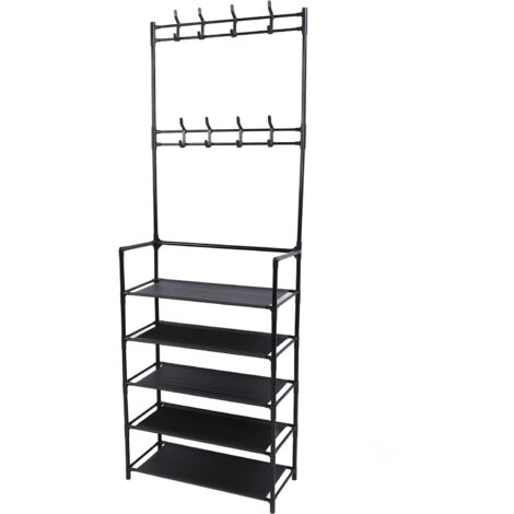 Coat Shoe Rack with Hooks 68.9in 5 Tier Metal Multifunctional Dust Proof Ample Space Coat Shoe Organizer for Entryway Dormitory Black