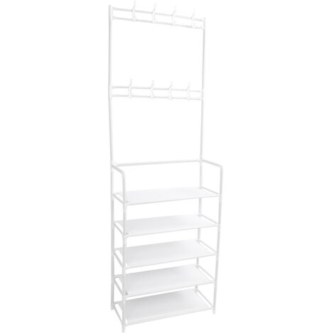 Coat Shoe Rack with Hooks 68.9in 5 Tier Metal Multifunctional Dust Proof Ample Space Coat Shoe Organizer for Entryway Dormitory White