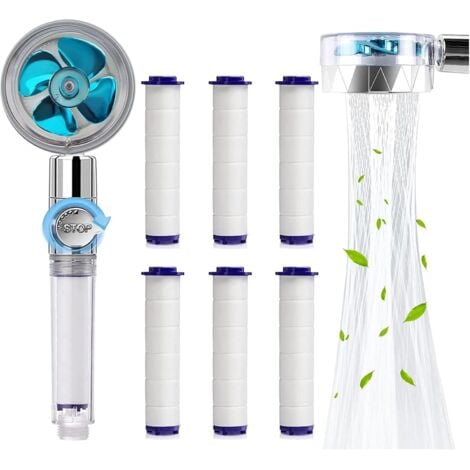Coavas Douchette, Pommeau de Douche Anti Calcaire Economie Deau, Pommeau de Douche Helice Haute Pression Filtre à Trois Niveaux Système de Filtrage avec Filtre 6 Coton PP Remplaçable (Bleu)