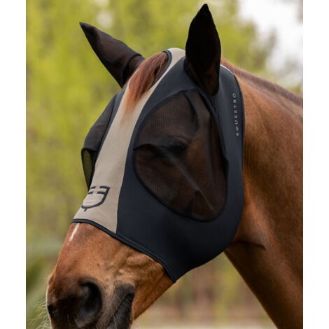Cob, celeste e Bianco: Maschera anti mosche per cavalli in lycra e mesh bicolore con rete su occhi e orecchie
