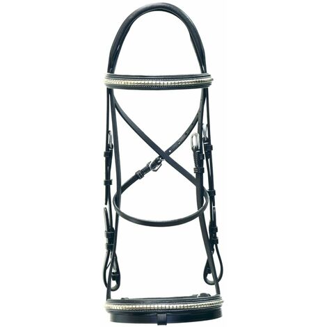 Cob, Marrone: Bridon en cuir avec clincheur nickelé, muserolle et frontal rembourrés et rênes recouvertes de caoutchouc