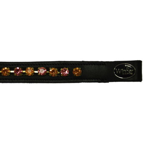 Cob, Nero: Frontalino Winner in cuoio 16 mm con strass arancio/fucsia