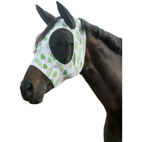 cob, verde e rosa: Maschera antimosche per cavalli elasticizzata linea flamingo con protezione UV