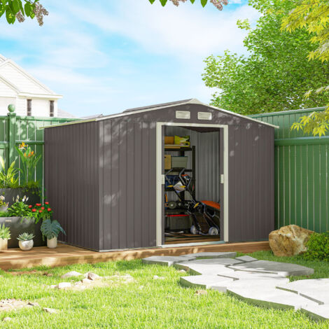 Cobertizo de Jardín 4,9 m² 277x195x192 cm con 2 Puertas Corredizas Base Refuerzo (Suelo NO Incluido) Gris