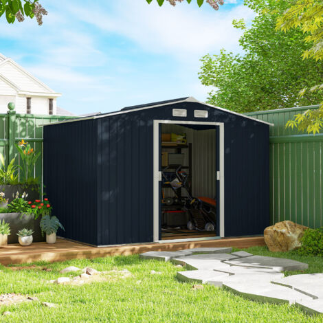 Cobertizo de Jardín 4,9 m² 277x195x192 cm con 2 Puertas Corredizas Base Refuerzo (Suelo NO Incluido) Gris Oscuro