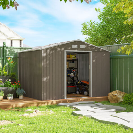 Cobertizo de Jardín 4,9 m² 277x195x192 cm con 2 Puertas Corredizas Techo Inclinado y 4 Ventanas Efecto Madera
