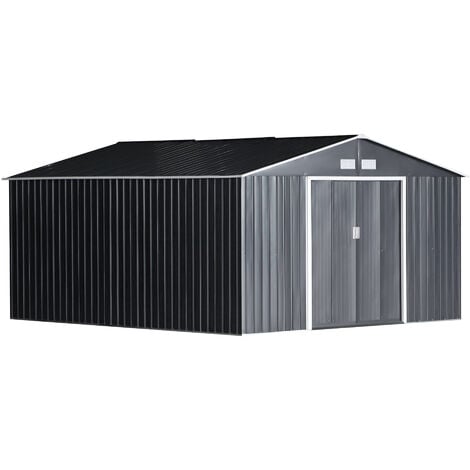 Cobertizo de jardín de exterior 12,4 m² 340x386x200 cm caseta de jardín con 2 puertas corredizas base refuerzo (suelo no incluido) gris oscuro