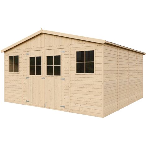 Cobertizo de madera para jardín CON SUELO TRATADO - A246x418x420cm/16m2 Cobertizo de madera natural - Taller de Jardín - Bicicleta, Almacenamiento de herramientas TIMBELA M330+M330G