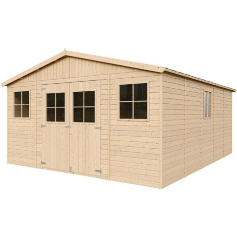 Cobertizo de madera para jardín CON SUELO TRATADO- A246x418x522cm/20m2 Cobertizo de madera natural - Taller de Jardín - Bicicleta, Almacenamiento de herramientas TIMBELA M333+M333G