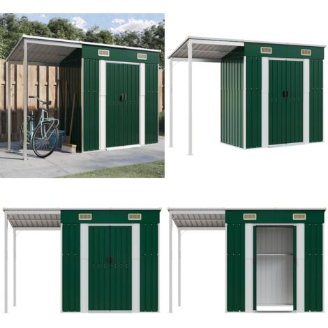 Cobertizo jardín tejado alargado acero verde 277x107x181 cm - Caseta de jardín - Almacenamiento de herramientas