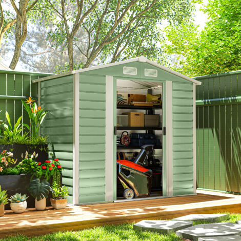 Cobertizo Metálico para Jardín 213x120x166/194 cm con Base Refuerzo Puertas Correderas y Ventilaciones Verde Claro