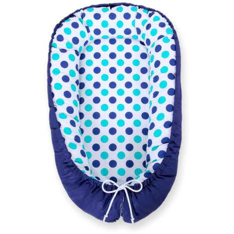 Coccolone per neonati, double-face, box, fascia, Premium BOBONO - pois menta e blu navy