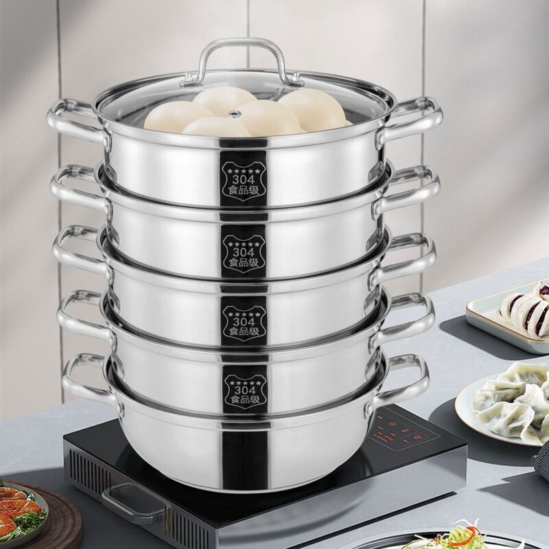 Cocedor al vapor de 5 niveles y 30 cm, acero inoxidable 304, olla a presión para cocinar, olla a presión con tapa, olla a presión de acero inoxidable.