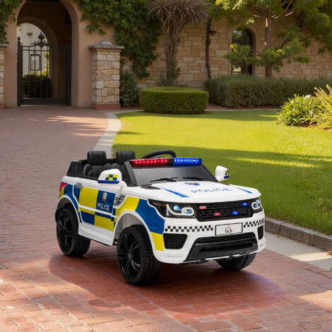 Coche Eléctrico Infantil de Policía Coche de Batería 12V con Mando a Distancia Bluetooth Luz USB Sirena Blanco