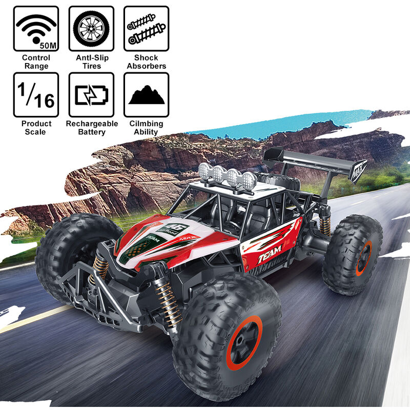 

Coche RC 1/16 Escala 2.4Ghz Coche de control remoto Off Road Camiones RC con bateria recargable Coche de juguete de carreras para ninos, rojo