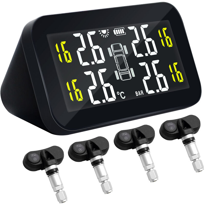 

Asupermall - Coche TPMS Solar Inalambrico Monitor de presion de neumaticos Sistema de monitoreo HD Pantalla LCD digital Sistema de alarma automatica,