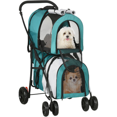 Cochecito Doble para Perros Gatos Plegable con 2 Transportines Extraíbles con Cinturón y Cojines 66x50x98cm Verde y Gris