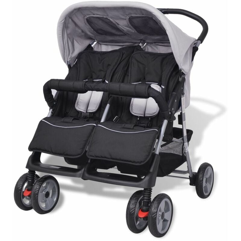 

Cochecito para gemelos de acero gris y negro