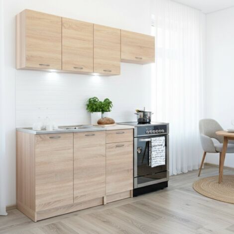 Cocina completa Sora, conjunto compacto y funcional con puertas y cajón, roble