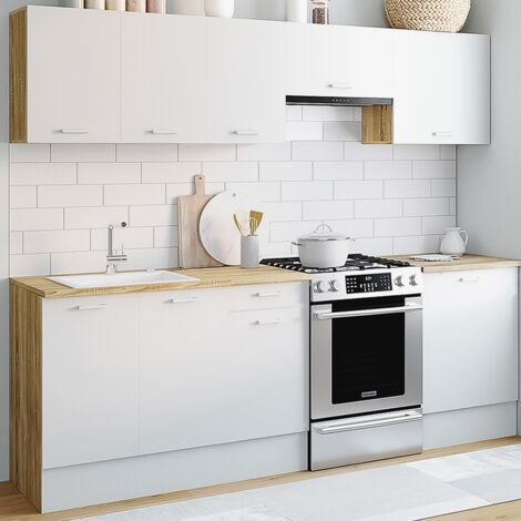 Cocina completa SUBTIL 240 cm con 7 encimeras en madera y blanco