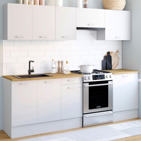 IDMARKET Cocina completa SUBTIL 240 cm con encimera blanca de 7 elementos y tapa de madera
