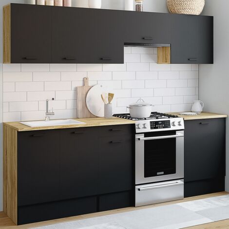 IDMARKET Cocina completa SUBTIL 240 cm con encimera de 7 elementos en madera y negro