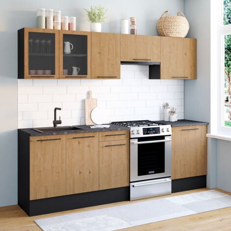 IDMARKET Cocina completa SUBTIL 240 cm con vitrina + encimera 7 elementos madera y negro