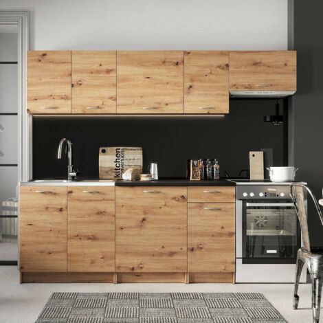 Cocina completa Urzulei, conjunto compacto y funcional con puertas y cajón, nudos de roble