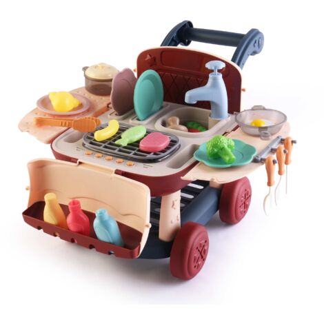 Cocina de Juguete 2 en 1 con Circuito de Agua Robincool Kitchen Cart 39x23x27 cm Carrito de compra, Luces con 14 Accesorios