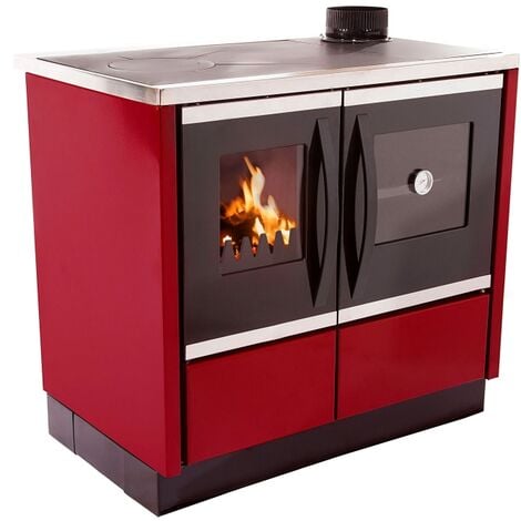 main image of "Cocina de leña 12kW con horno y placa de hierro fundido, en acero esmaltado rojo"