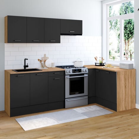 Cocina esquinera completa 400 CM SUBTIL con encimera de 7 elementos en madera y negro