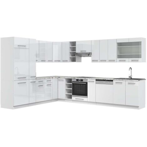 Cocina esquinera Fame-Line, Blanco alto brillo/blanco, 347 x 257 cm , ET Mármol, Vicco