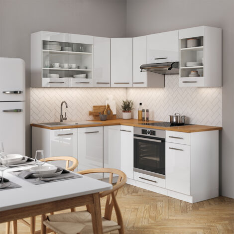 Cocina esquinera Fame-Line, Blanco/blanco alto brillo, 190 x 160 cm sin encimera, Vicco