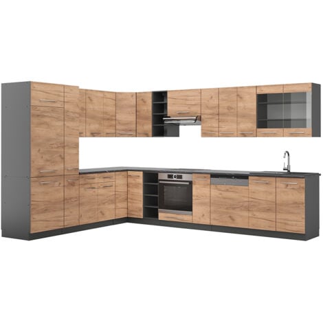 Cocina esquinera Fame-Line, Oro power roble/antracita, 347 x 257 cm sin encimera, Vicco