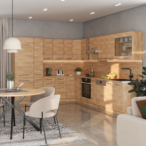 Cocina esquinera Fame-Line, Roble dorado, 347 x 46 cm sin encimera, Vicco