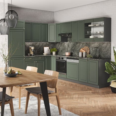 Cocina esquinera Fame-Line, Verde-Dorado Casa de campo/Antracita, 227 x 60 cm sin encimera, Vicco