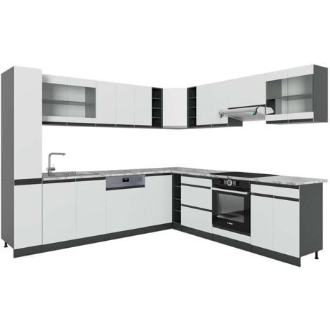 Cocina esquinera R-Line, Blanco/antracita, 257 x 277 cm J-Shape, ET Mármol, Vicco