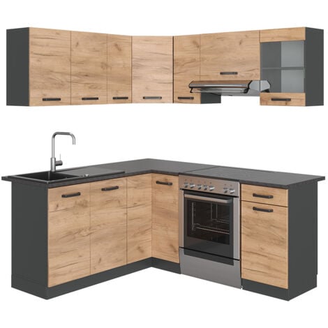 Cocina esquinera Rick, Antracita/roble dorado, 187 x 167 cm , ET Negro estampado, Vicco