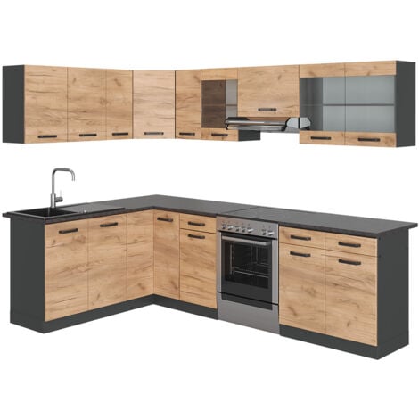 Cocina esquinera Rick, Antracita/roble dorado, 267 x 167 cm , ET Negro estampado, Vicco